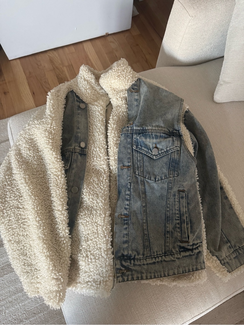 Blank NYC Sherpa-Lined Denim Jacket - Cream Sherpa & Light Blue Denim